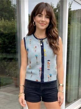 Sleeveless Light Blue Knit Button-Front Vest with Navy Trim XL